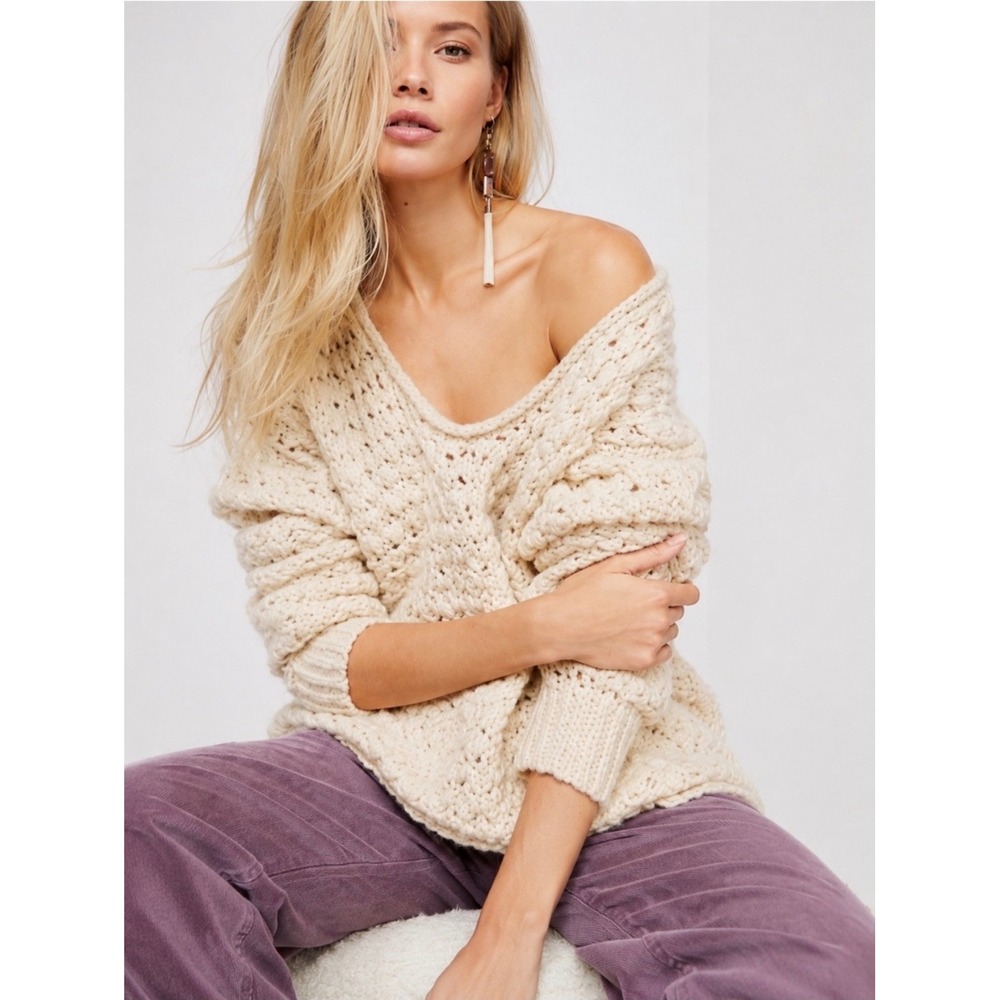 Free People Crashing Waves Chunky Knit Sweater Cream Size M Boho